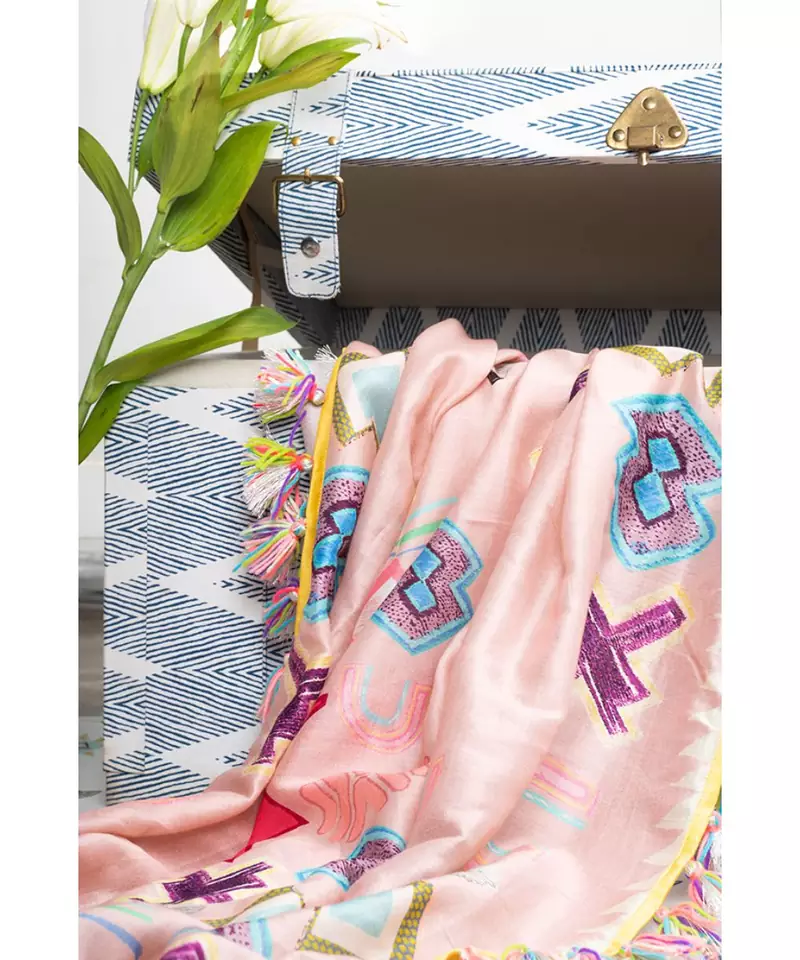 Pink Ikat Star Print Silkmul Full Width Scarf for Women