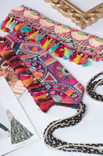 Black Dupion Silk Embroidered Tie- Up Belts with Colourful Tassels (Set of 2) for Women
