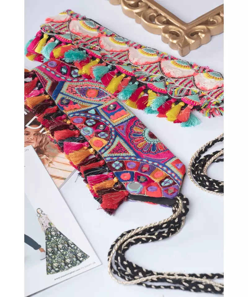 Black Dupion Silk Embroidered Tie- Up Belts with Colourful Tassels (Set of 2) for Women