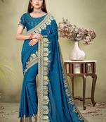 Dark blue embroidered pure silk saree with blouse