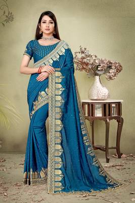 Dark blue embroidered pure silk saree with blouse 4