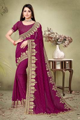 Purple embroidered pure silk saree with blouse 1