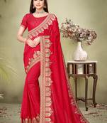 Red embroidered pure silk saree with blouse