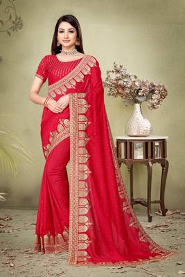 Red embroidered pure silk saree with blouse 2