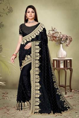 Black embroidered pure silk saree with blouse 4