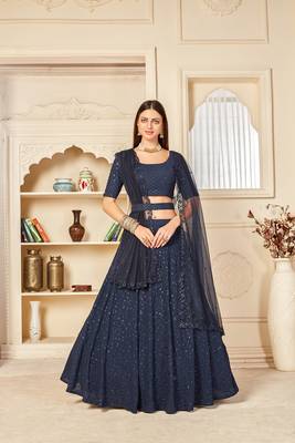 Navy-blue embroidered georgette semi stitched lehenga 1