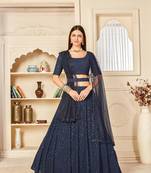 Navy-blue embroidered georgette semi stitched lehenga