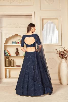 Navy-blue embroidered georgette semi stitched lehenga 2