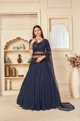 Navy-blue embroidered georgette semi stitched lehenga 3