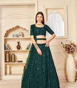Green embroidered georgette semi stitched lehenga