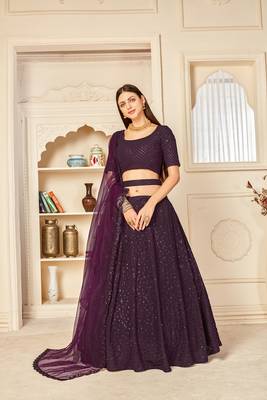 Purple embroidered georgette semi stitched lehenga 3