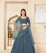 Grey embroidered georgette semi stitched lehenga