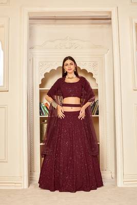 Maroon embroidered georgette semi stitched lehenga 1
