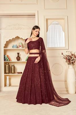 Maroon embroidered georgette semi stitched lehenga 3