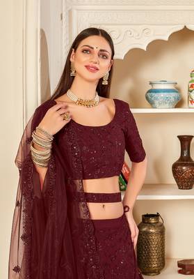 Maroon embroidered georgette semi stitched lehenga 4