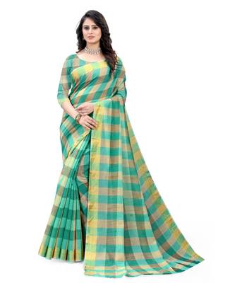 teal green Cotton saree with blouse piece 1