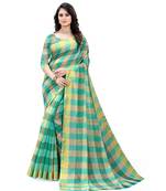 teal green Cotton saree with blouse piece