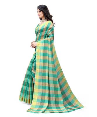 teal green Cotton saree with blouse piece 2