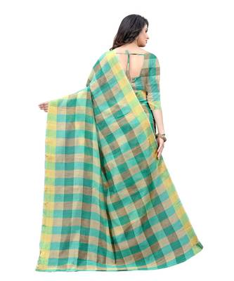 teal green Cotton saree with blouse piece 3