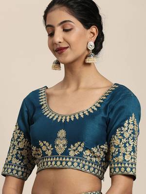 Olive embroidered silk saree with blouse 3