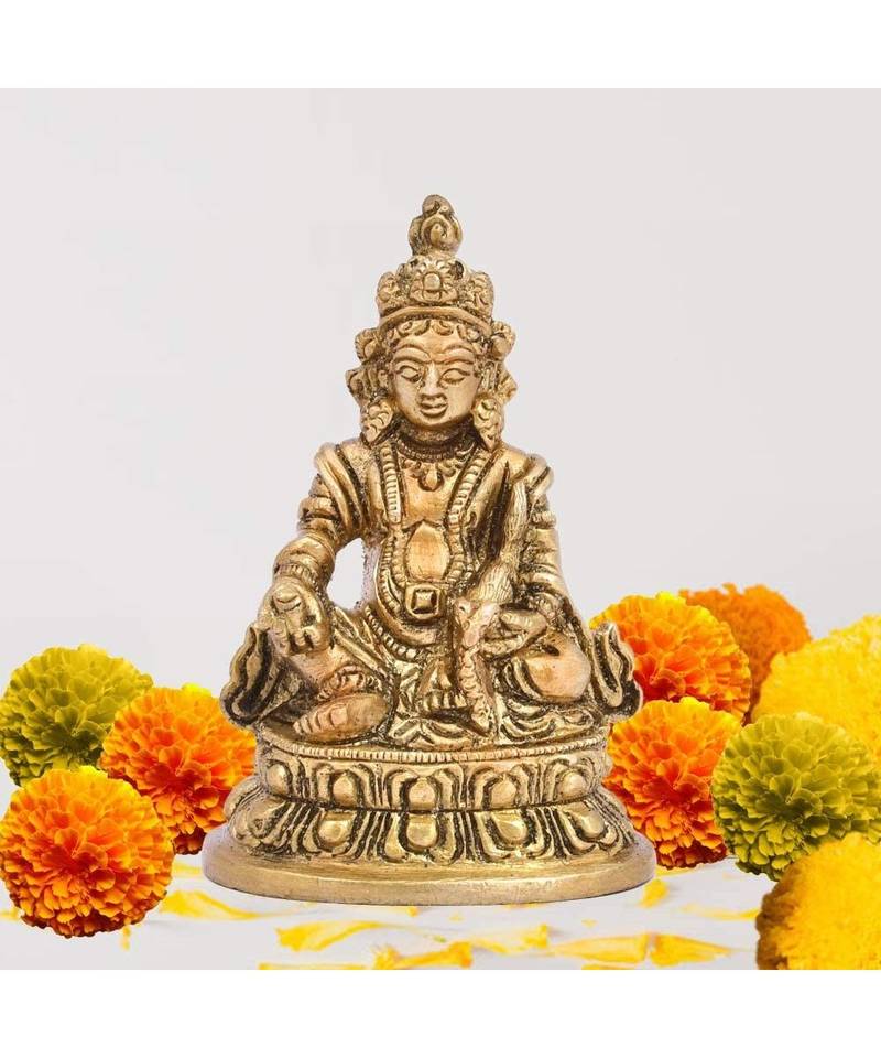 Lord Kuber Sitting Statue Decorative Showpiece - 8.9 cm  (Brass  Gold)