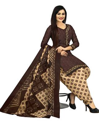 brown cotton unstitched printed top & bottom with dupatta 2