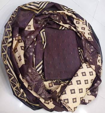 brown cotton unstitched printed top & bottom with dupatta 3