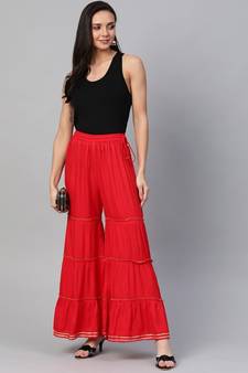 Red Rayon Plain Stitched Pant