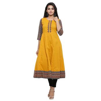 Cotton Geometric Print Anarkali Kurta (Mustard) 1
