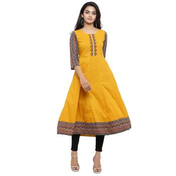 Cotton Geometric Print Anarkali Kurta (Mustard) 2