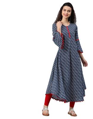 Cambric Cotton Printed Mirror Work A-Line Kurta (Blue) 1
