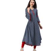 Cambric Cotton Printed Mirror Work A-Line Kurta (Blue)