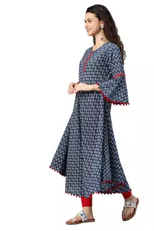 Cambric Cotton Printed Mirror Work A-Line Kurta (Blue)