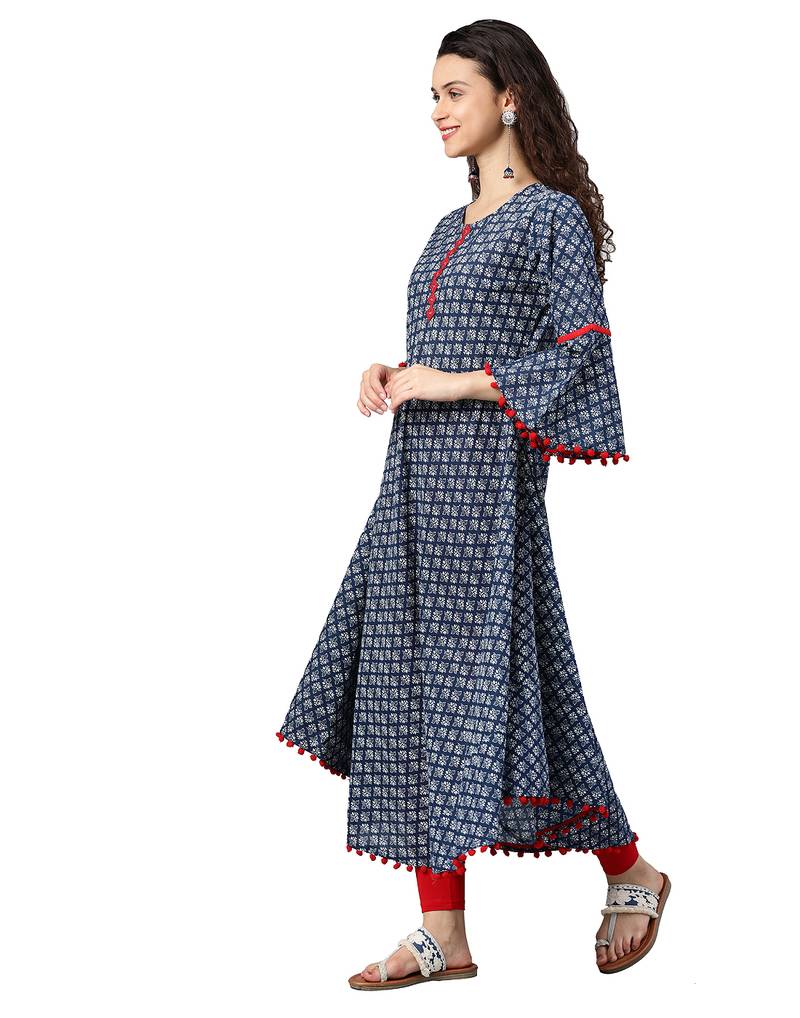 Cambric Cotton Printed Mirror Work A-Line Kurta (Blue)