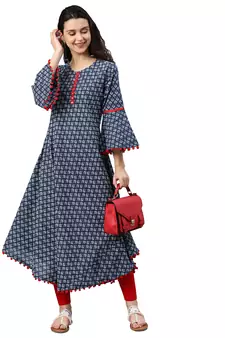 Cambric Cotton Printed Mirror Work A-Line Kurta (Blue)