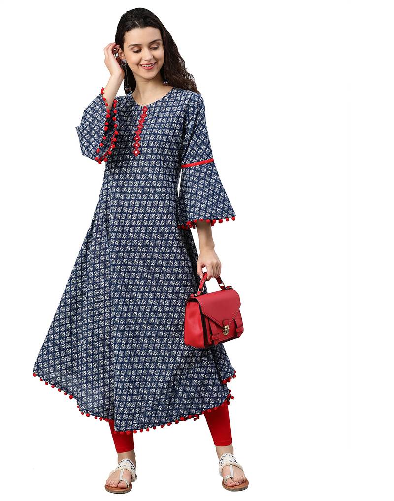 Cambric Cotton Printed Mirror Work A-Line Kurta (Blue)
