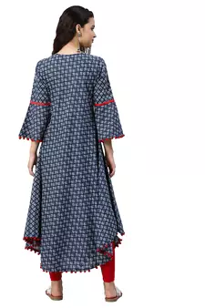 Cambric Cotton Printed Mirror Work A-Line Kurta (Blue)