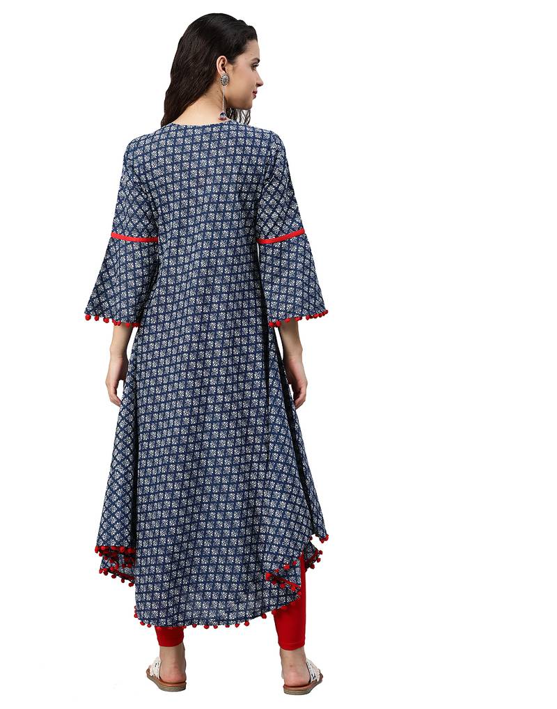 Cambric Cotton Printed Mirror Work A-Line Kurta (Blue)