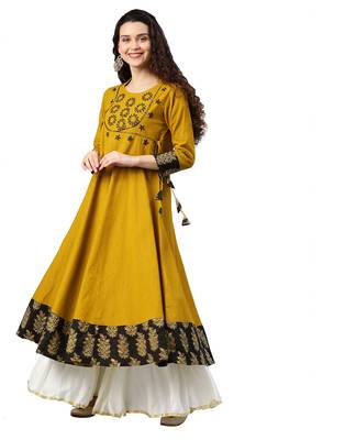 Cotton Slub Sequin Work Angrakha Kurta (Mustard) 1
