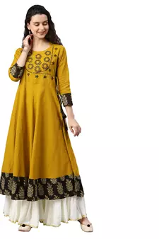 Cotton Slub Sequin Work Angrakha Kurta (Mustard)