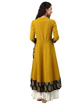 Cotton Slub Sequin Work Angrakha Kurta (Mustard) 3
