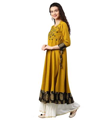 Cotton Slub Sequin Work Angrakha Kurta (Mustard) 4