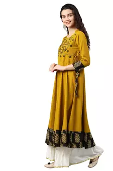 Cotton Slub Sequin Work Angrakha Kurta (Mustard)