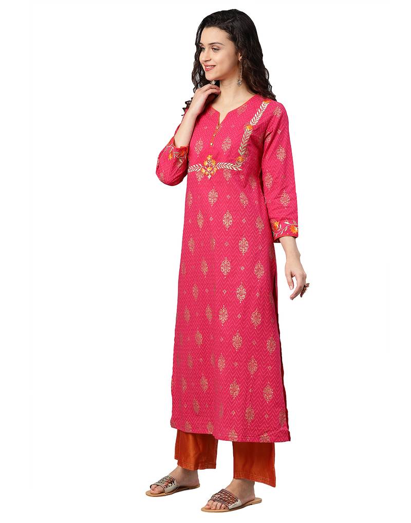 Cambric Cotton Zari Embroidered Straight Kurta (Pink)