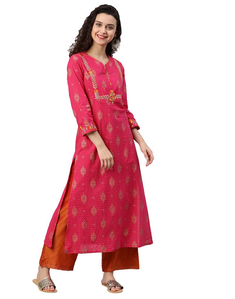 Cambric Cotton Zari Embroidered Straight Kurta (Pink)