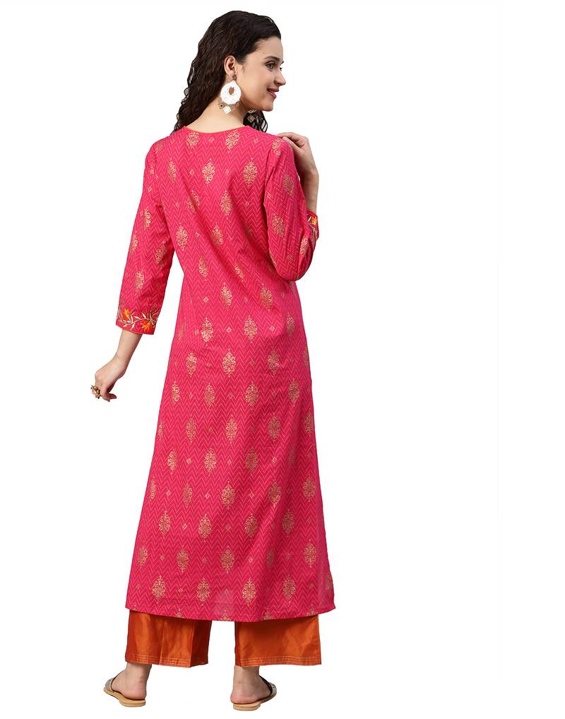 Cambric Cotton Zari Embroidered Straight Kurta (Pink)