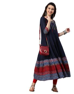 Cotton Embroidered Anarkali Kurta (Blue) 1