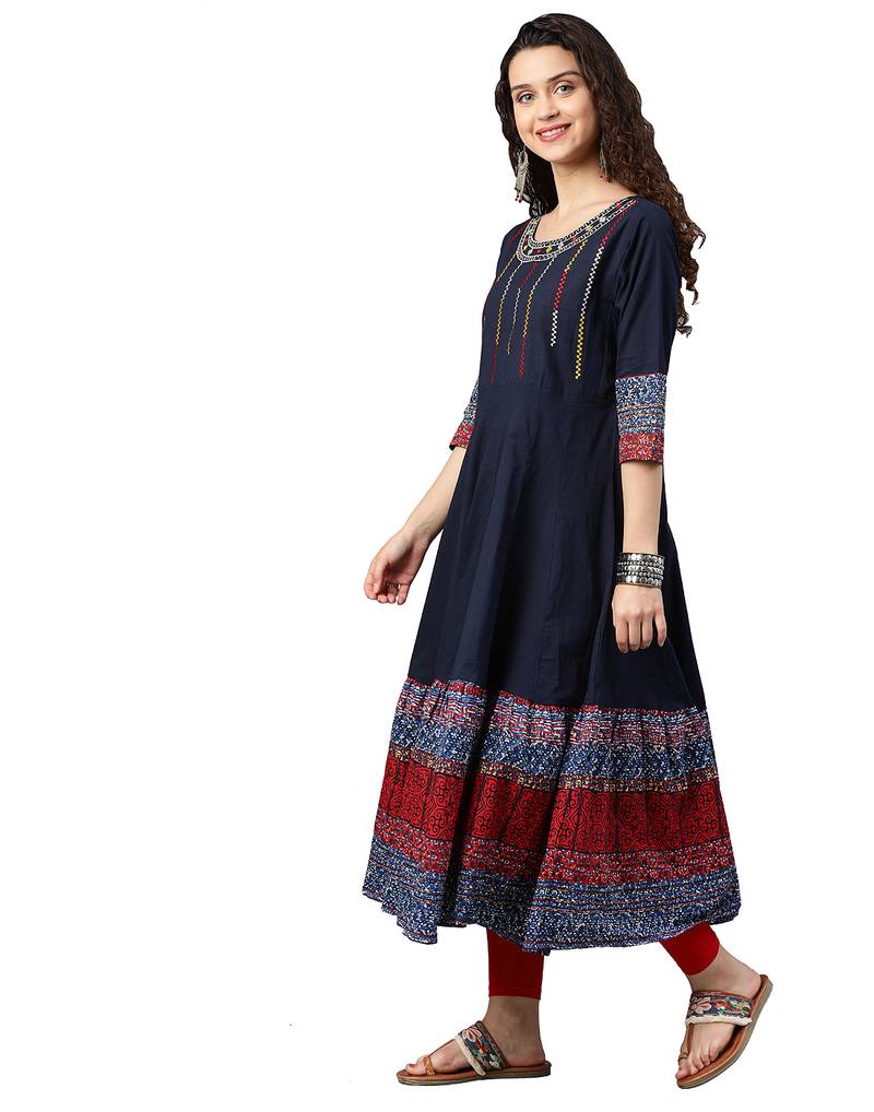 Cotton Embroidered Anarkali Kurta (Blue)
