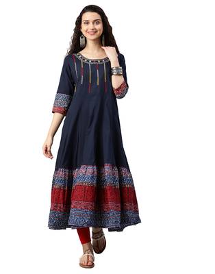 Cotton Embroidered Anarkali Kurta (Blue) 3