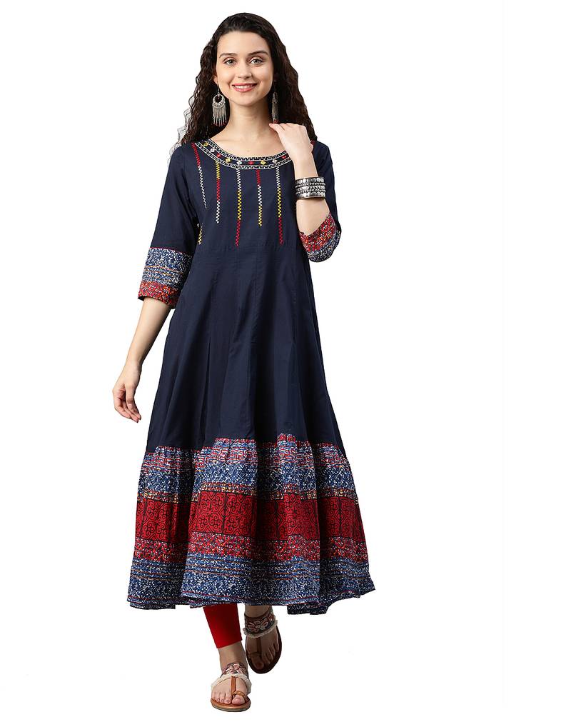 Cotton Embroidered Anarkali Kurta (Blue)